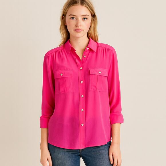 J.Crew “Blythe” Silk Button-Down Blouse • Hot Pink • Size 6 - Picture 3 of 6